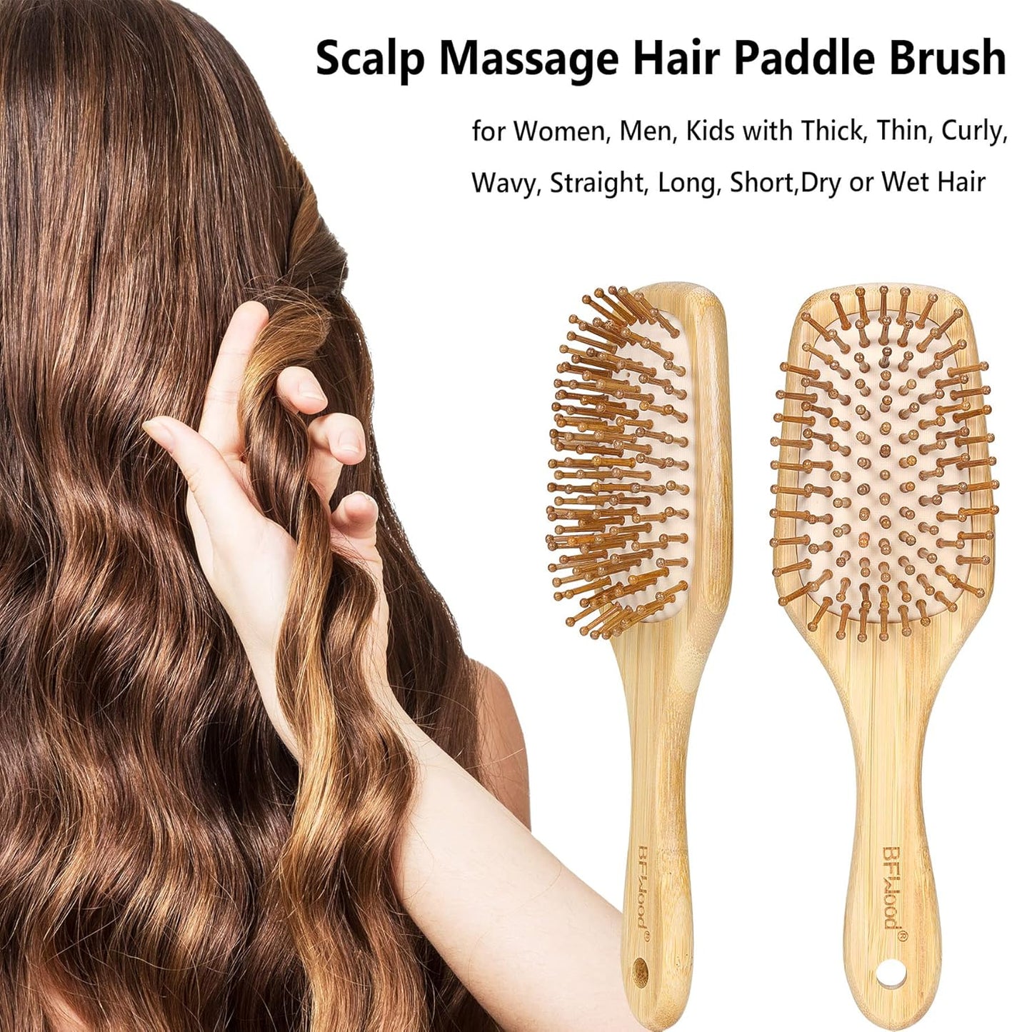 BFWood Bamboo Hair Brush - Paddle Design with Rounded Wood Bristles for Detangling & Scalp Massage