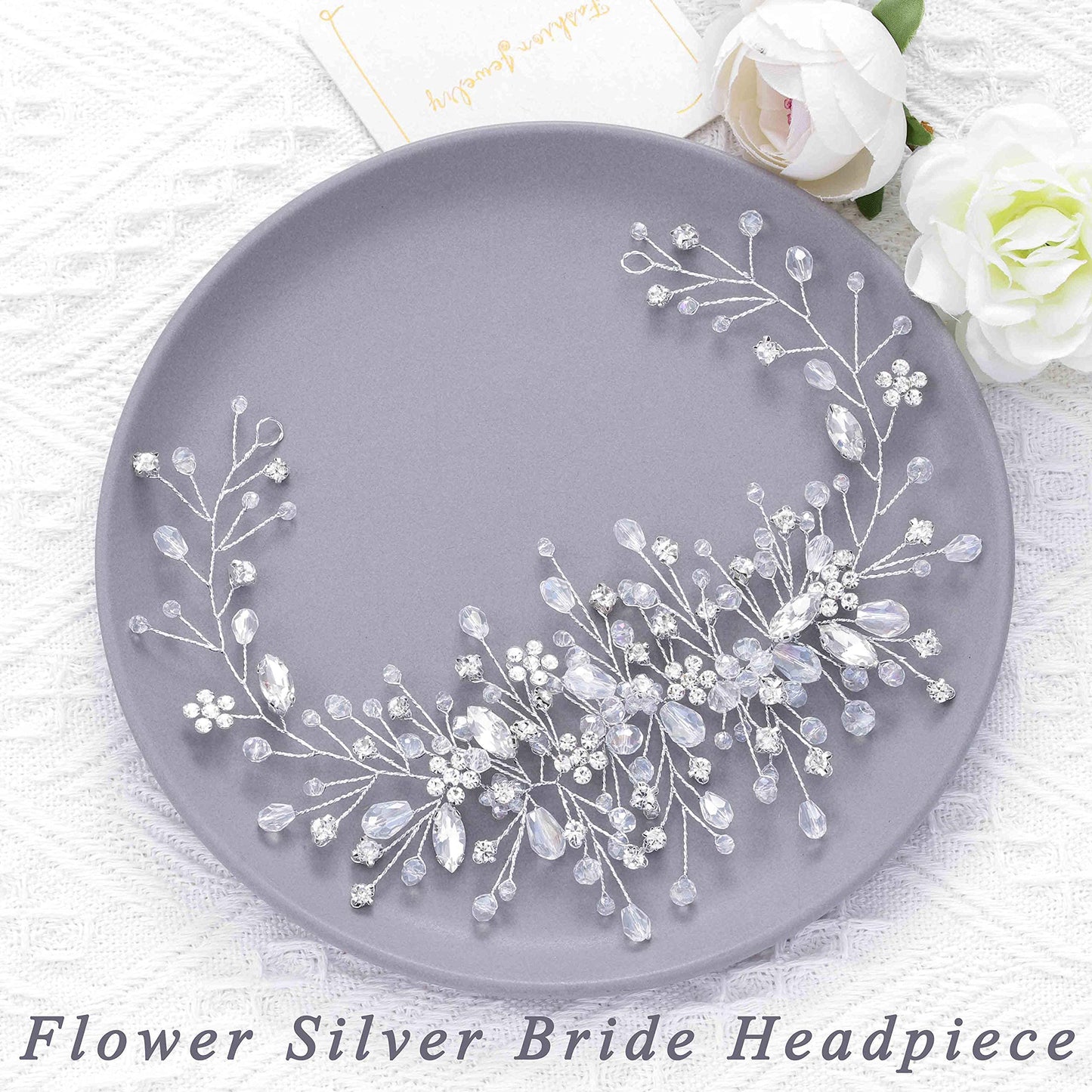 Unicra Bride Flower Wedding Hair Vine Crystal Bridal Hair Piece Rhinestone Party Hair Accessories Leaf Jewelry Bead Headpiece for Women and Girls (Silver)