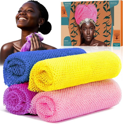 African Net Sponge | 4-Piece Exfoliating Shower Loofah Set for Gentle Cleansing & Daily Use