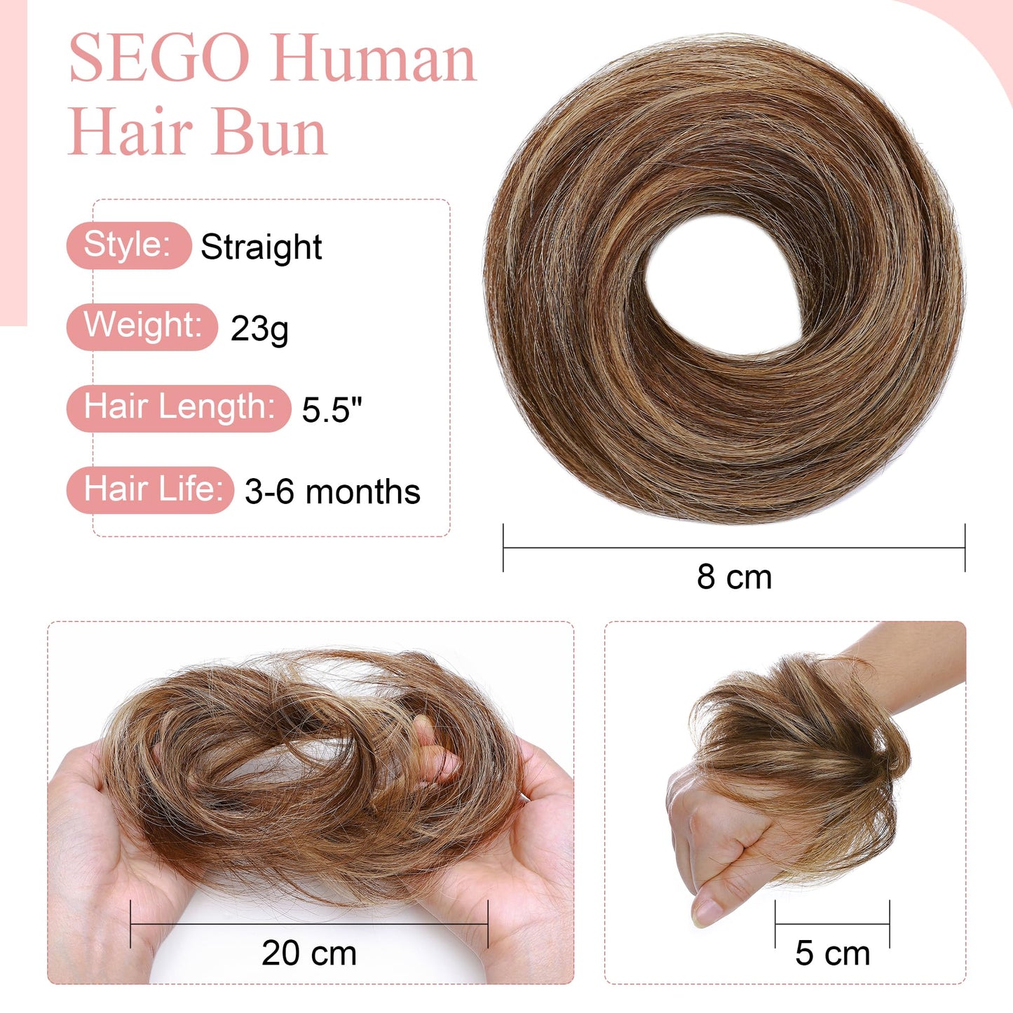 SEGO Human Hair Messy Bun Hair Piece Scrunchies Real Human Hair Natural Wavy Smoothed Updo Hairpieces Donut Chignon Ponytail Extensions for Women Girls-Medium Brown&Dark Blonde