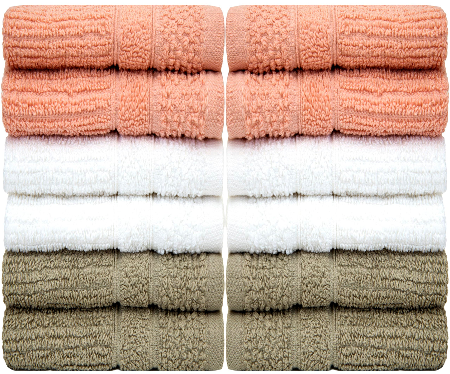 PH Pleasant Home Ribbed Wash Cloths Set - 12 Pack (12” x 12”) – 509 GSM - 100% Ring Spun Cotton Wash Cloth - Super Soft and Highly Absorbent Face Towels (Blush,White & Tan)