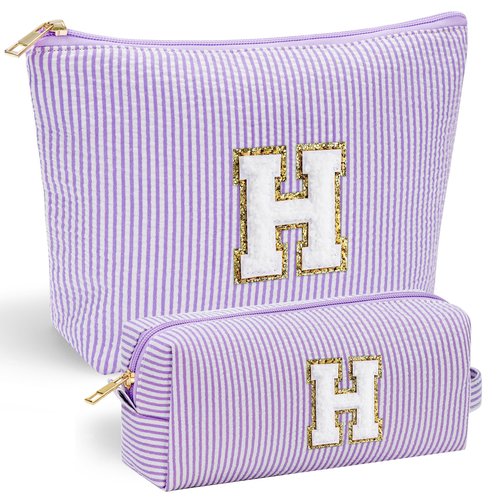 YOOLIFE Personalized Friend Birthday Gifts - 2 Pieces Makeup Bag Cosmetic Bags for Women Travel Makeup Bag Make up Bag with Small Makeup Bag Wedding Bridesmaid Gifts Teacher Gifts for Women Letter H