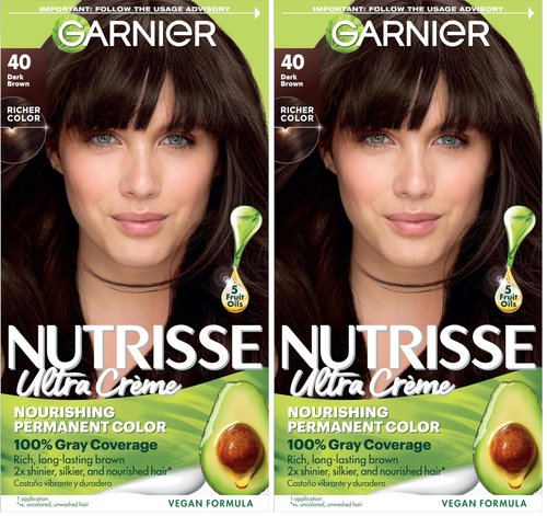 Garnier Nutrisse Ultra Crème Hair Color, Permanent Hair Dye with 100% Gray Coverage, Vegan & Cruelty-Free, 40 Dark Brown (Dark Chocolate), 2 Count