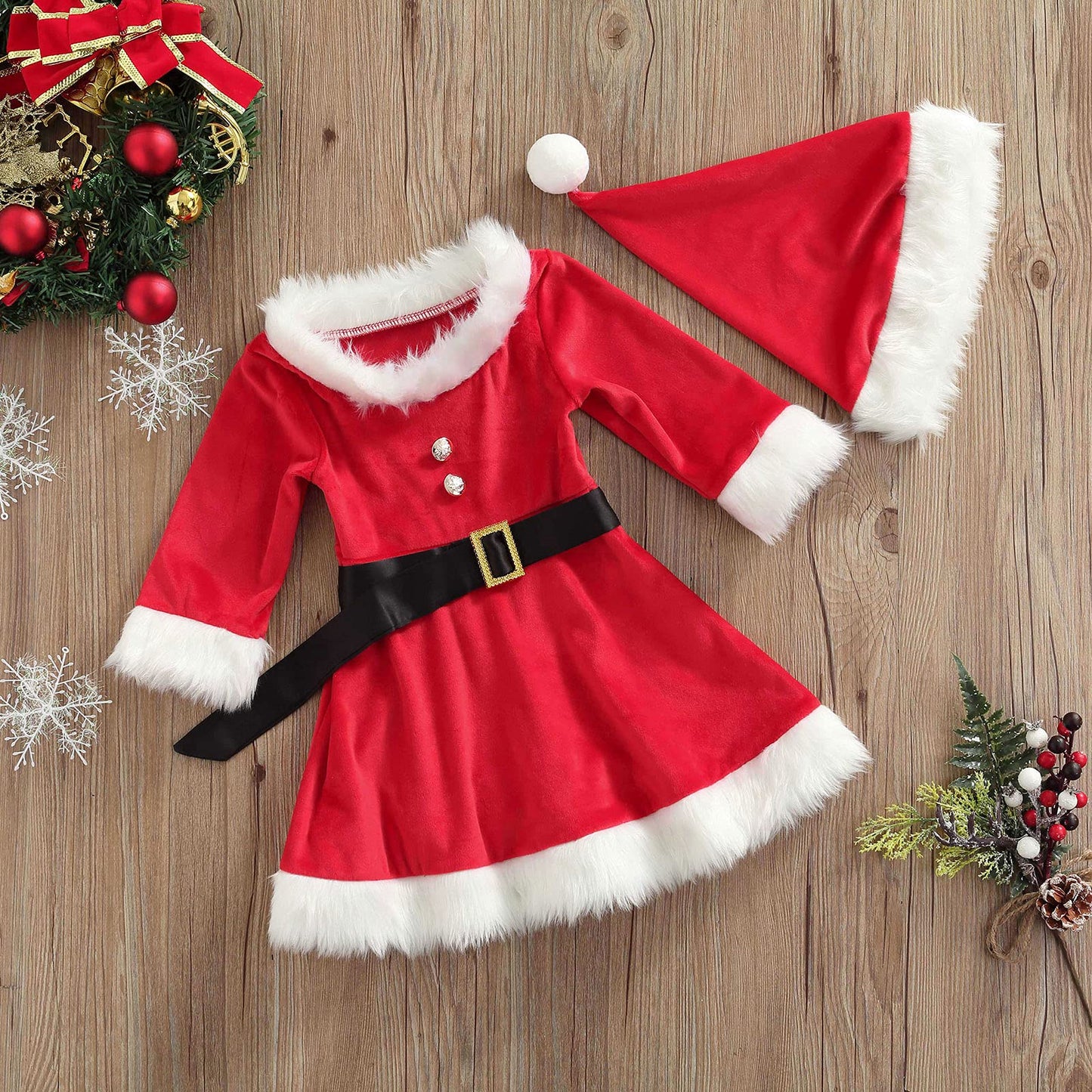 Baby Girls Christmas Dress Velvet Santa Claus Romper Dress Long Sleeve Plush Xmas Princess Party Cosplay Costume Dress (H-Red, 3-4 Years)