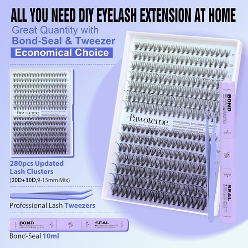 Pawotence Lash Extension Kit - 280pcs Individual Lash Clusters for DIY Beauty | 20D & 30D, 9-15mm