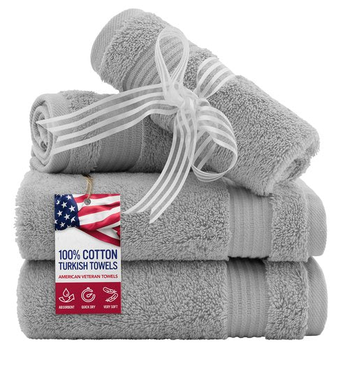 American Veteran Towel, 100% Cotton Turkish Washcloths for Bathroom Essentials 4 Pack, Soft Absorbent Wash Cloths Quick Drying Small Towels Washrags, Light Grey