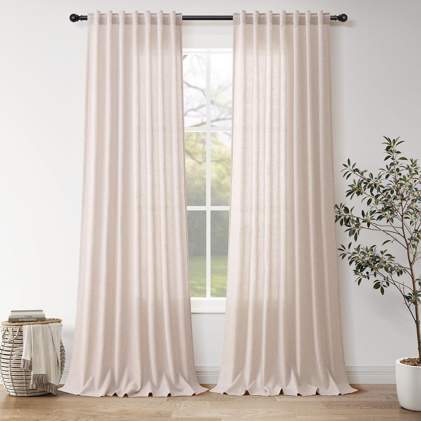 Nanspring Natural Linen Curtains for Kitchen Windows Over Sink - Cafe Curtain Semi Sheer with Rod Pocket and Back Tab Lightweight Rustic Textured Bistro Curtains for Bathroom, 2 Panels 25 x 24 Inch