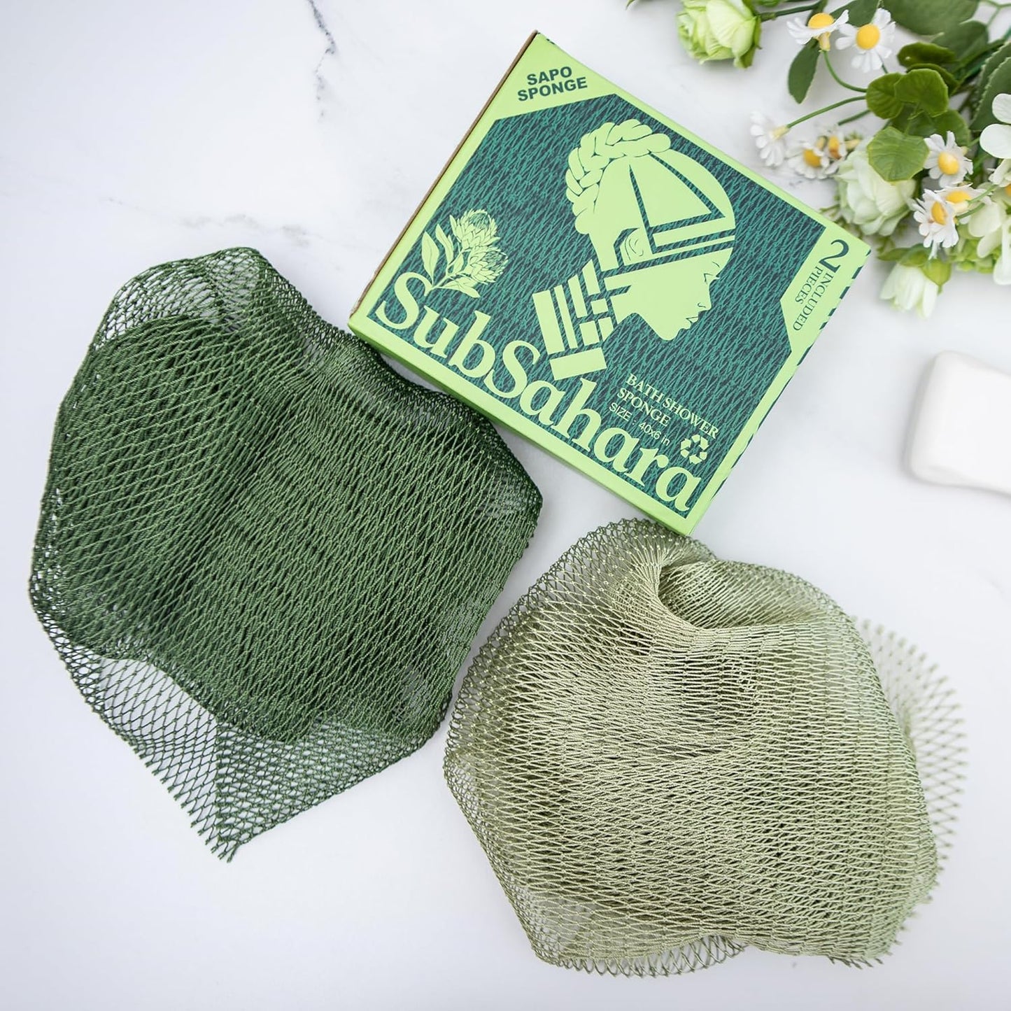 SubSahara Authentic African Net Sponge - 2 Pack Exfoliating Loofah for Body & Face, Gentle Scrubber, Durable Polyester (Olive Green & Light Green)
