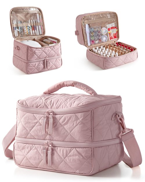 Marscamd Quilted Nail Polish Organizer Bag Holds 42 Bottles and Nail Lamp, Nail Polish Storage Case with Crossbody Straps and Multiple Pockets, Pink