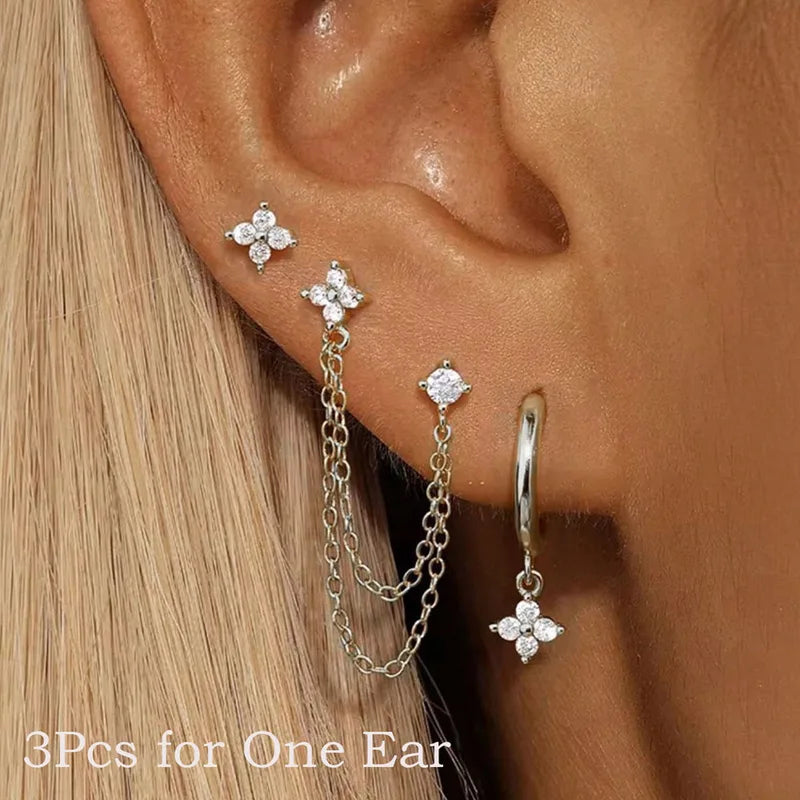 3-Piece Zircon Flower Dangle Hoop & Stud Earring Set for Women Stainless Steel Jewelry