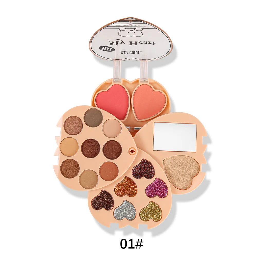 Multifunctional Heart-Shaped Makeup Palette with 9 Eyeshadows, 2 Blushes, 1 Highlighter, Portable Design, All-in-One Cosmetic Set