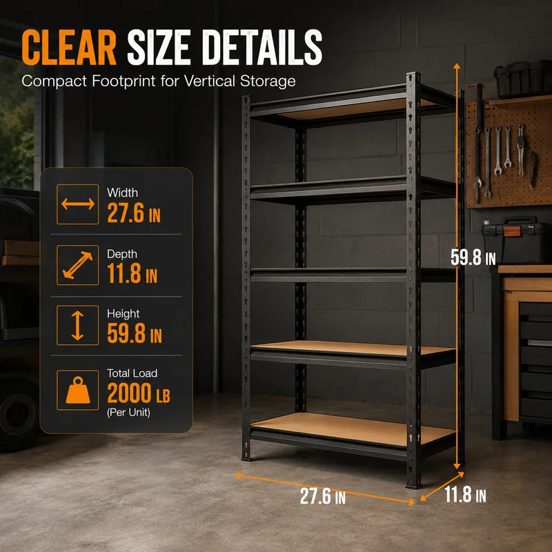 5-Tier Metal Garage Storage Shelving Unit with MDF Shelves - Heavy Duty Black & Green Options, 27.6W x 11.8D x 59.8H