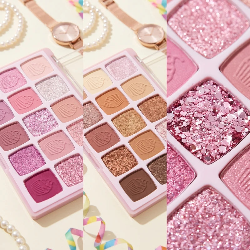15 Shades Eyeshadow Palette with Matte, Shimmer & Glitter - Pink & Neutral Tones