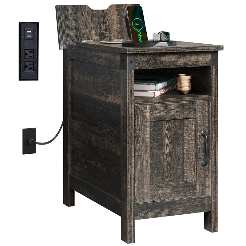 End Table with Charging Station - Narrow Wooden Side Table with USB Ports & Storage