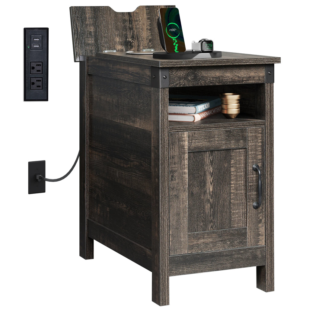End Table with Charging Station - Narrow Wooden Side Table with USB Ports & Storage