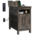 End Table with Charging Station - Narrow Wooden Side Table with USB Ports & Storage