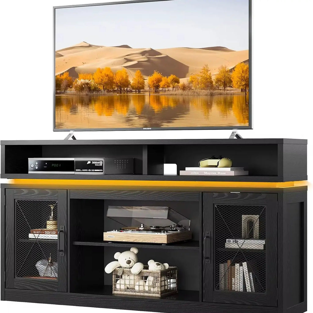 Farmhouse TV Stand for 65-Inch TVs with LED Lighting, Black Storage Console