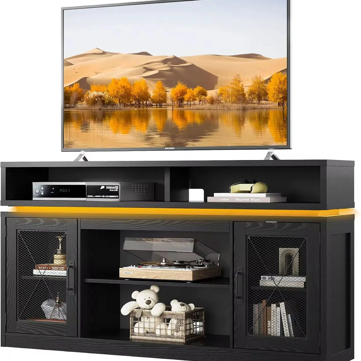 Farmhouse TV Stand for 65-Inch TVs with LED Lighting, Black Storage Console
