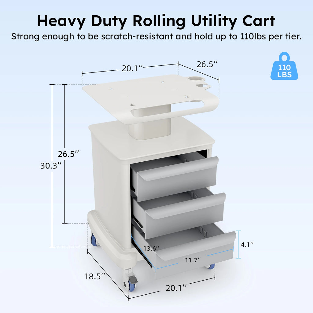 Medical Mobile Ultrasound Trolley Cart with 4 Wheels, 110LBS Capacity, Storage & Organizer