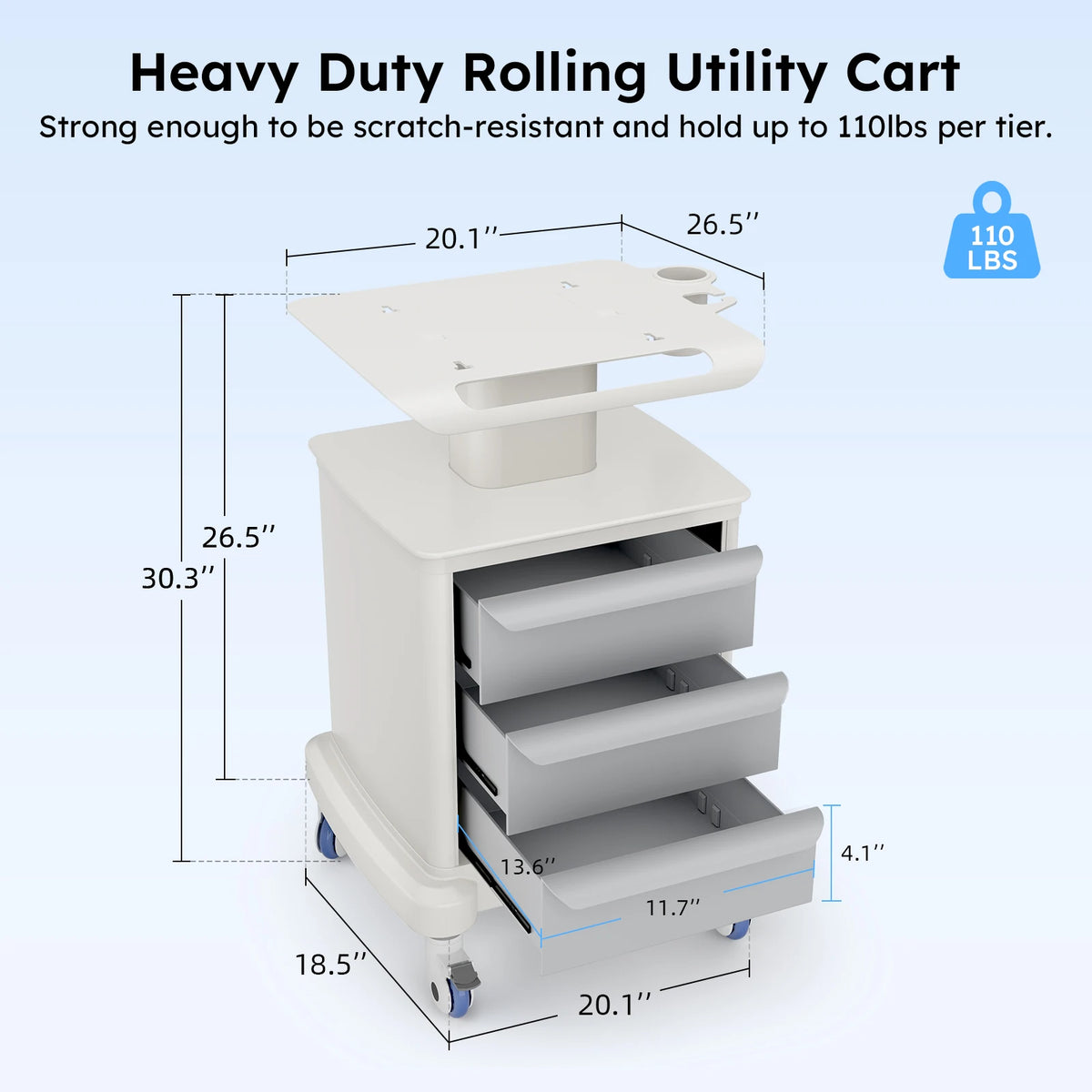 Medical Mobile Ultrasound Trolley Cart with 4 Wheels, 110LBS Capacity, Storage & Organizer