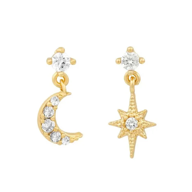 Star Moon Pendant CZ Chain Hoop Earrings for Women - Stainless Steel Jewelry