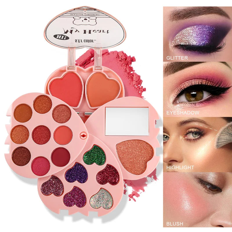Multifunctional Heart-Shaped Makeup Palette with 9 Eyeshadows, 2 Blushes, 1 Highlighter, Portable Design, All-in-One Cosmetic Set