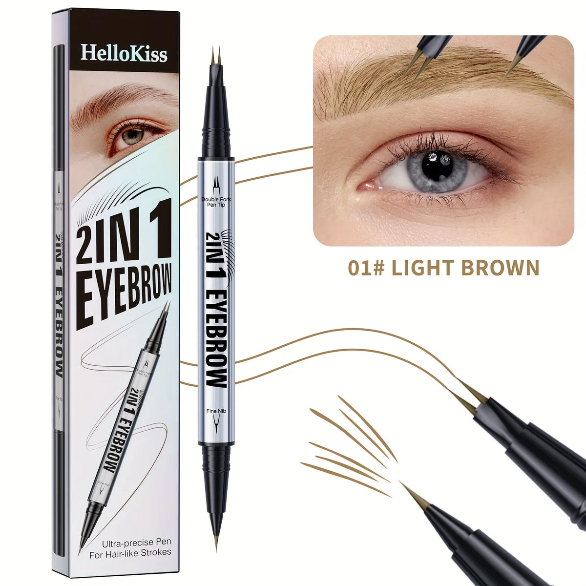 2-in-1 Waterproof Eyebrow Pen with Micro Fork Tip & Precision Brush for Natural Hair Strokes