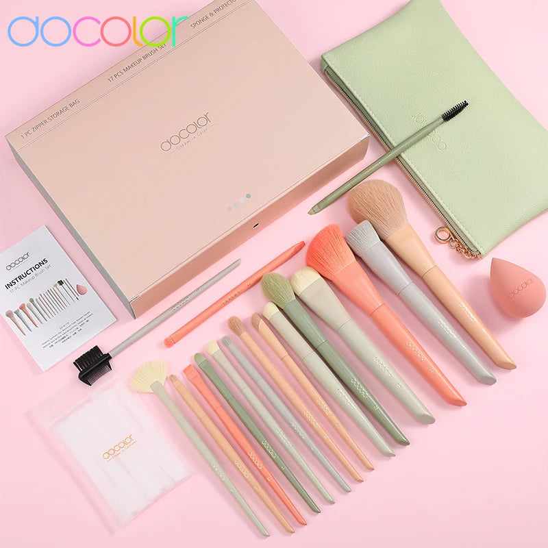 17-Piece Makeup Brush Set with Sponges & Bag - Face & Eye Cosmetics Tools