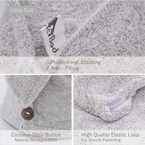myHomeBody Hair Towel Wrap - Luxury Quick-Drying Turban, Ultra-Soft Charcoal Fiber Cap - Gray