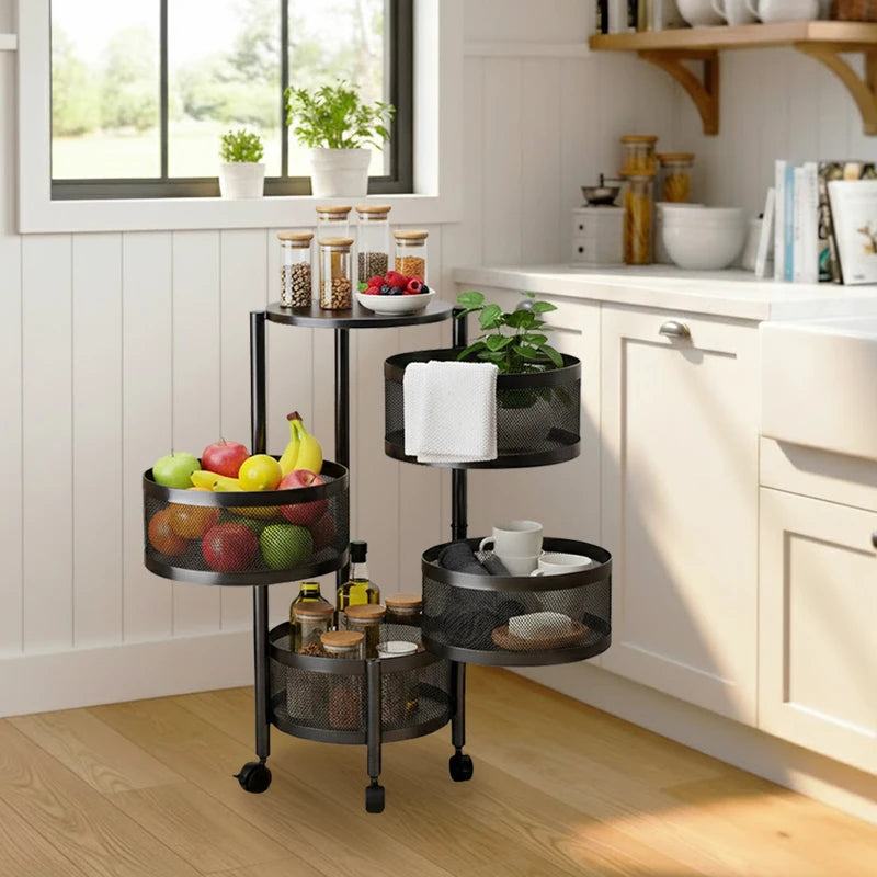 Multi-Functional Rotating Storage Rack - Mobile Floor Shelving for Kitchen and Home