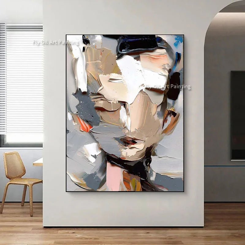 Large Abstract Face Oil Painting Canvas Art - Thick Texture Modern Artwork