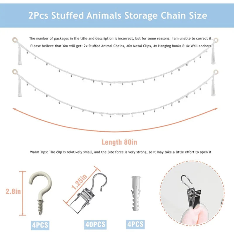 Cotton Toy Display Chain with Metal Clips - Wall Organizer for Dolls Hats Photos