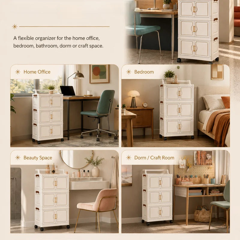 Retro Cream Storage Cart - 3, 4, 5 Tier Modular Wheeled Cabinet with Gold Handles