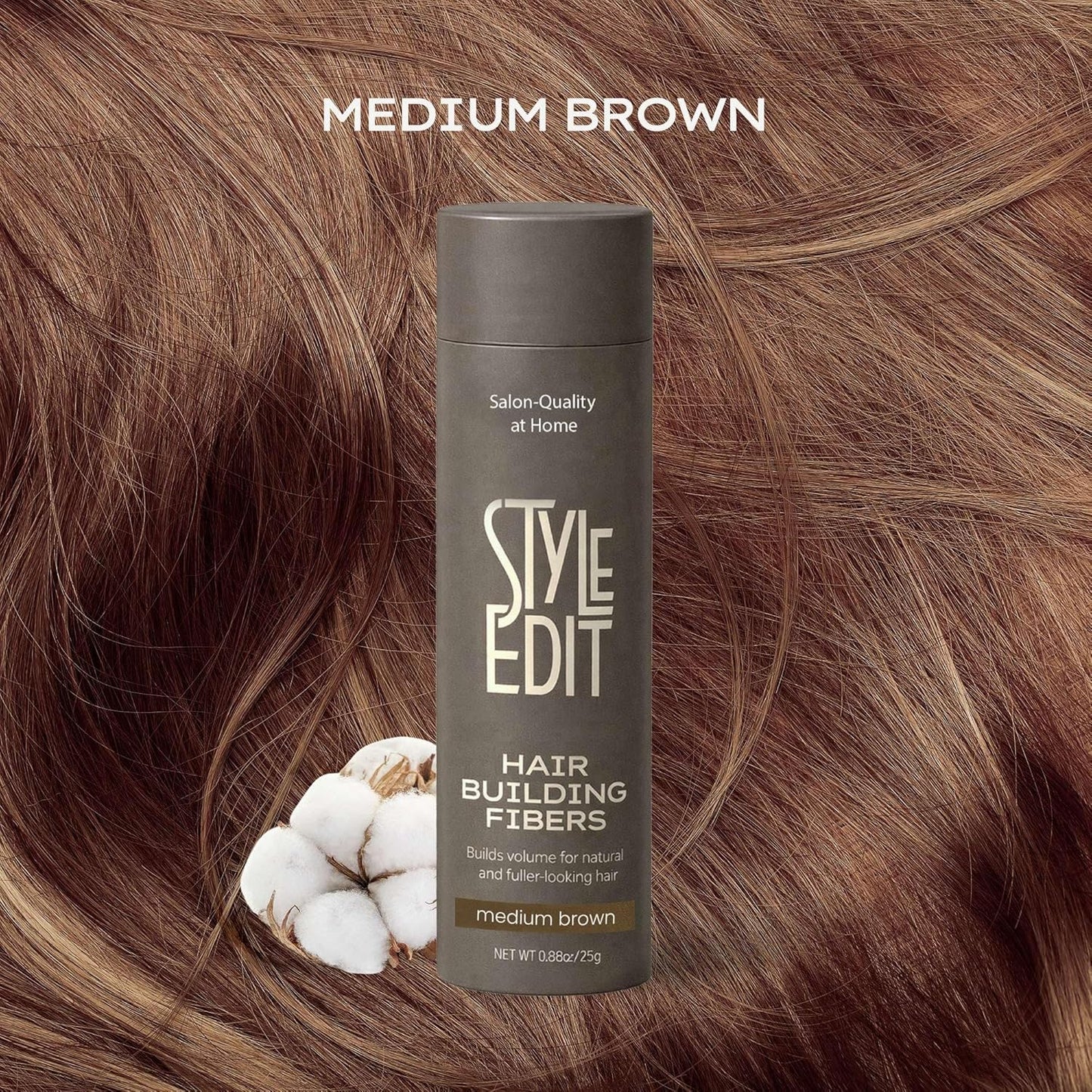 Style Edit Hair Building Fibers - Conceal Thinning Hair & Bald Spots | 100% Plant-Based, Medium Brown 0.88oz