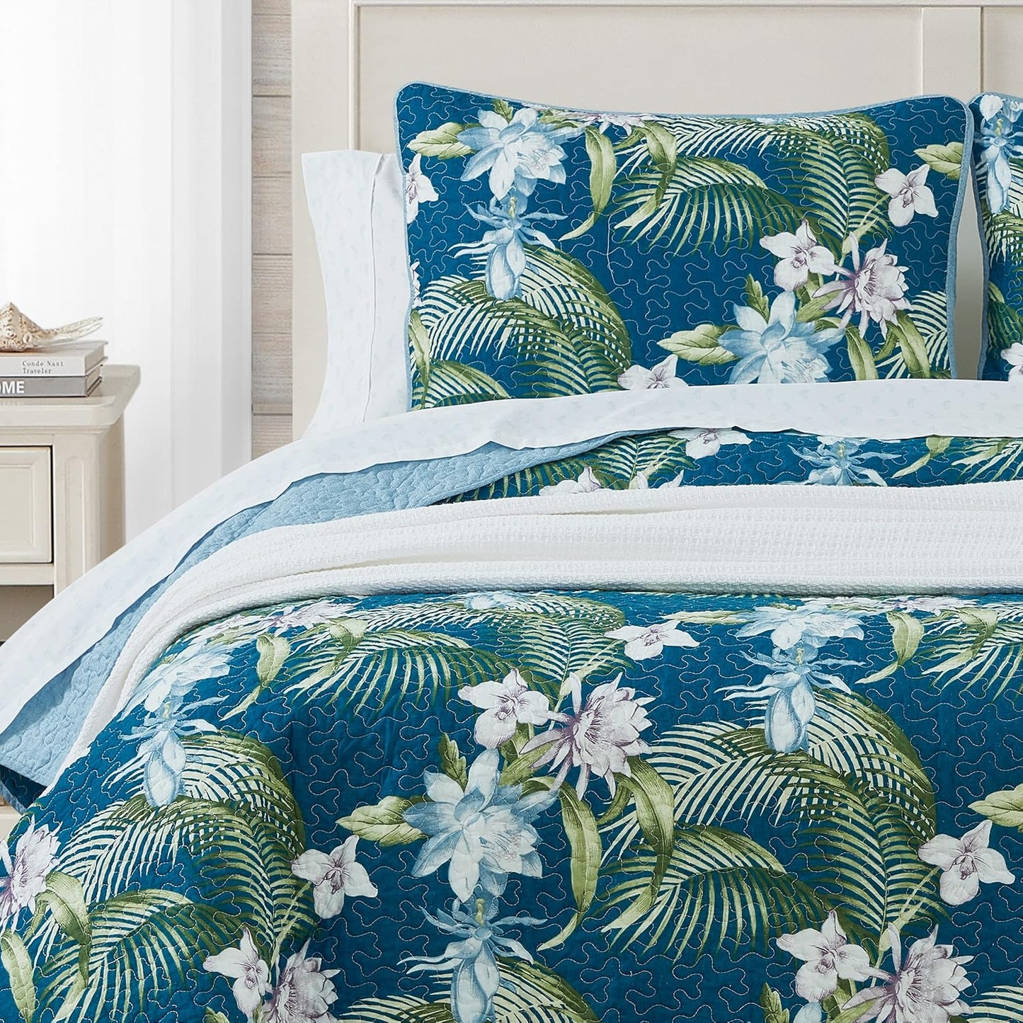 Tommy Bahama King Quilt Set - Reversible Cotton Bedding with Matching Shams | Oeko-Tex Certified, Southern Breeze Dark Blue