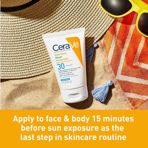 CeraVe Hydrating Sheer Sunscreen SPF 30 - Mineral & Chemical Formula with Zinc Oxide, 3 Ounces