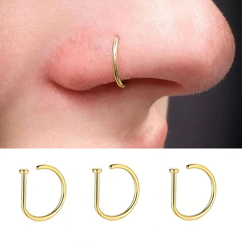 3Pcs Stainless Steel D Shape Nose Ring Set Hoop Curved Barbells Fake Lip Piercing