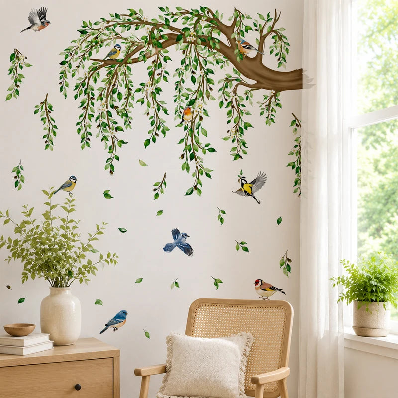 Large Tree Branch Wall Decals with Green Leaves and Colorful Birds - Botanical Nature Wall Decor