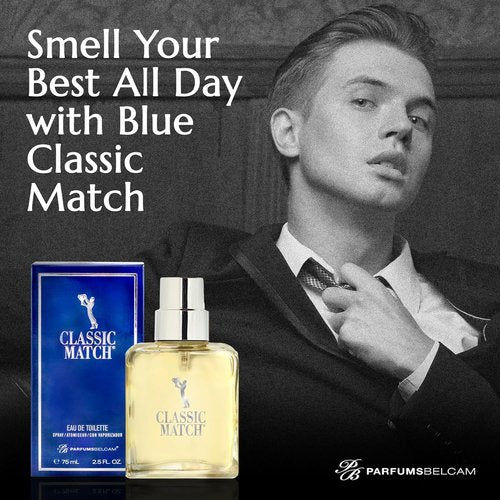 PB ParfumsBelcam Blue Classic Match Eau de Toilette Spray for Men - Modern Citrus Fougere Fragrance, 2.54 Fl Oz