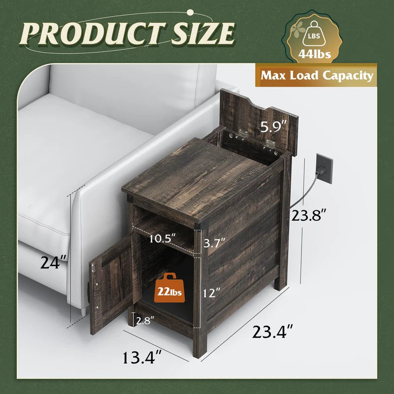End Table with Charging Station - Narrow Wooden Side Table with USB Ports & Storage