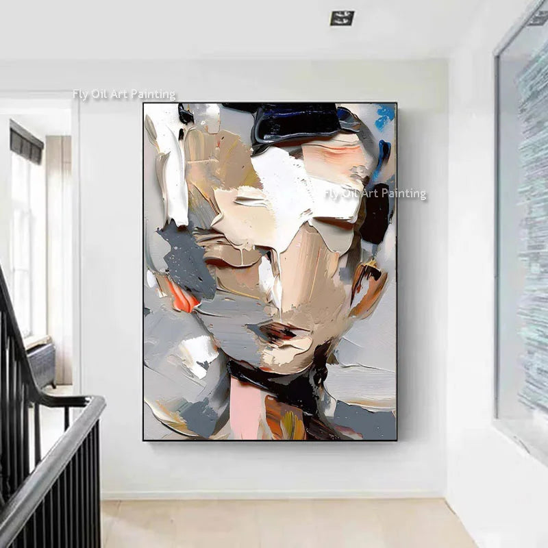 Large Abstract Face Oil Painting Canvas Art - Thick Texture Modern Artwork