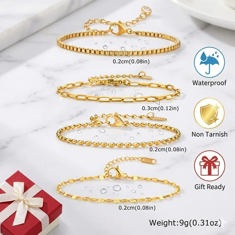 Non Tarnish Gold Plated Stainless Steel Stackable Bracelet for Women, Waterproof, Thin Chain Jewelry
