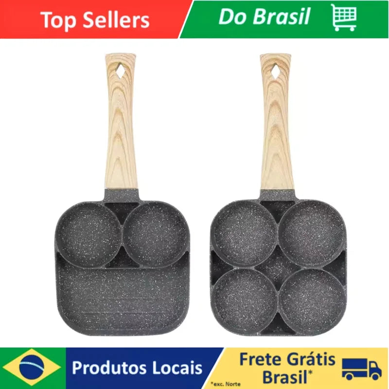 Nonstick Multi-Partition Frying Pan for Eggs, Bacon & Meat - Aluminum, Wooden Handle