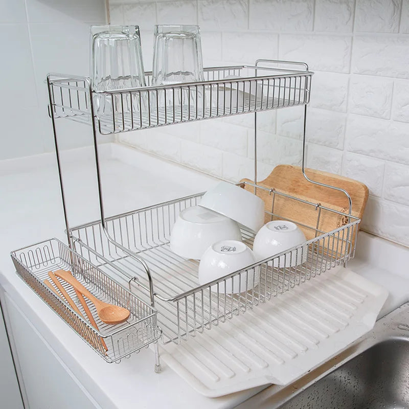 Compact Dish Drying Rack with Drain Board Set - Large Rust-Resistant Kitchen Organizer, Includes Dish Holder, 2 Tiers