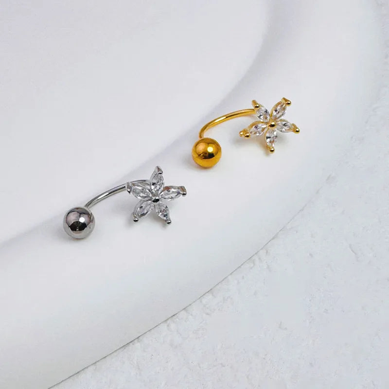 Zircon Flower-Shaped Nose Ring - 14K Gold Plated Stainless Steel Piercing Jewelry for Women