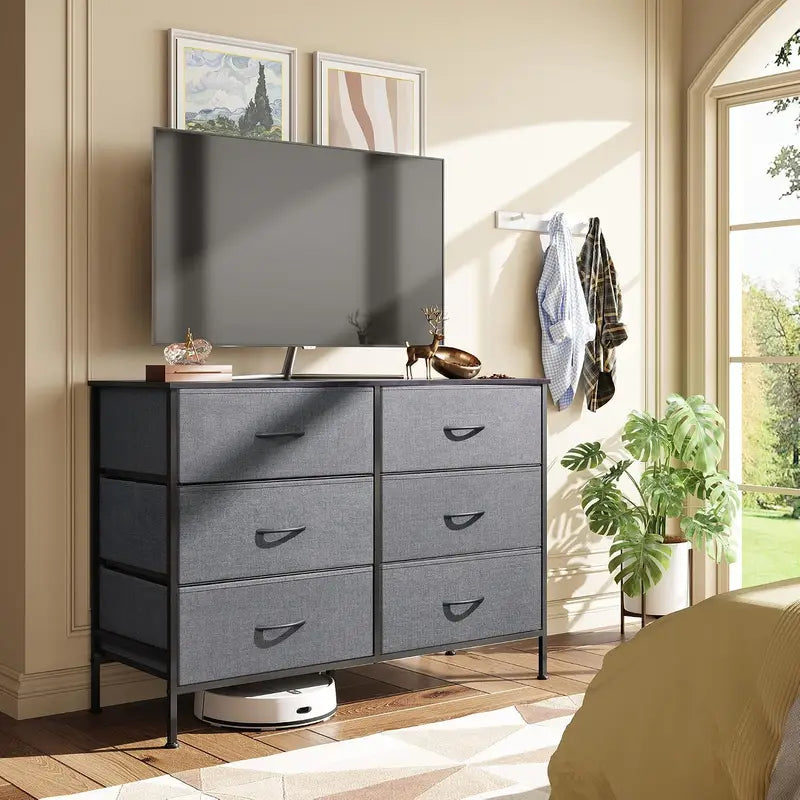 Bedroom Dresser with 6 Fabric Drawers, Dark Grey Storage Cabinet