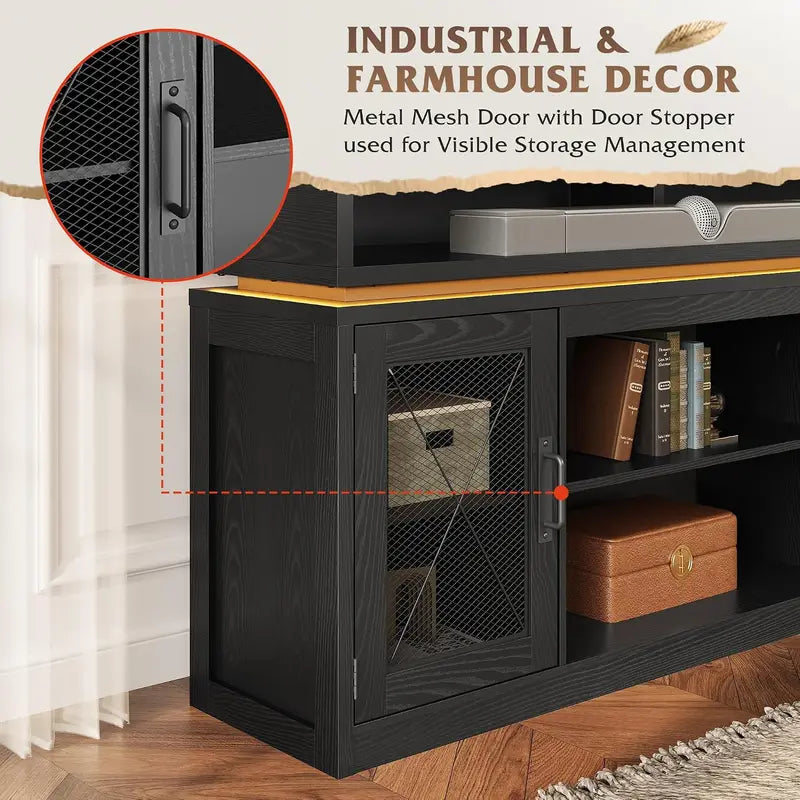 Farmhouse TV Stand for 65-Inch TVs with LED Lighting, Black Storage Console