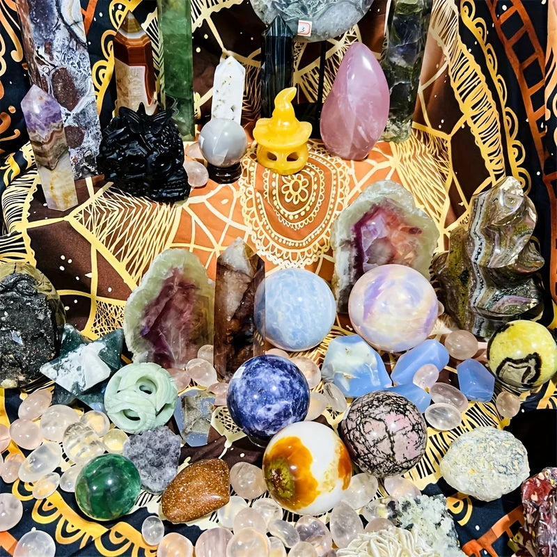 Crystal Gift Box with Mixed Raw Stones - Tower, Sphere, Carving, Bracelets & Home Decor