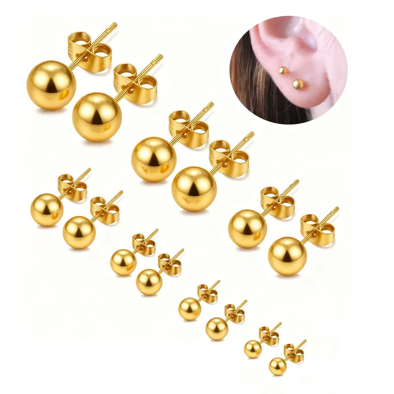 Ball Design Stud Earrings Set - Stainless Steel & 18K Gold Plated Jewelry