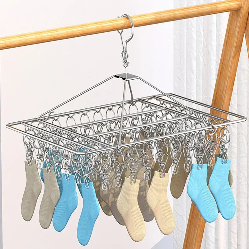 Stainless Steel Folding Clothesline with Clamps - Portable Laundry Line for Indoor & Outdoor Use